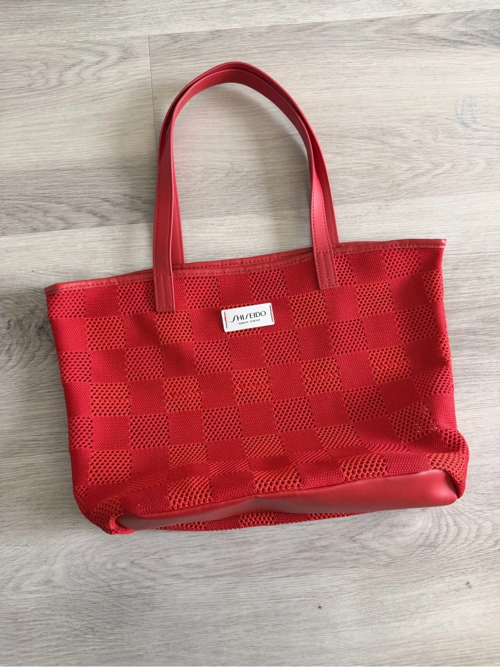 SHISEIDO Ginza Tokyo Red Checkerboard Mesh Tote Bag